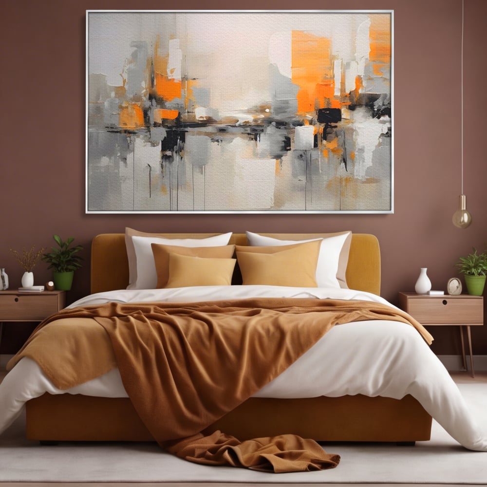 Tablou canvas cu pictura abstracta cu reflexii urbane, in rama de aluminiu argintiu, pe perete intr-un dormitor